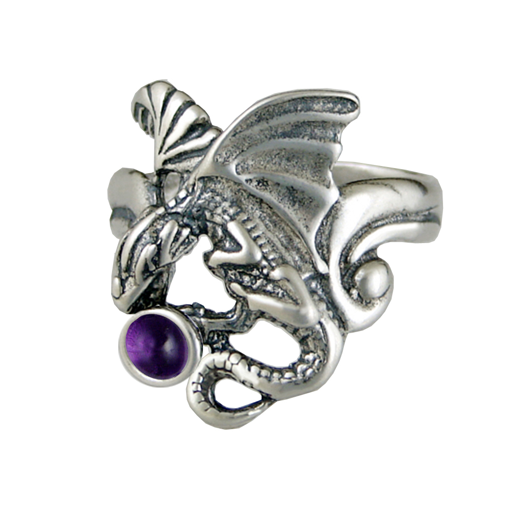 Sterling Silver Detailed Dragon Ring With Amethyst Size 9